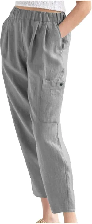 Wide Leg Linen Pant for Women Loose High Waisted Linen Pants Comfy Flowy Long Trousers Summer Vacation Beach Slacks