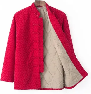 Winter Jacquard Tai Chi Uniform Men Cotton Padded Tang Suit Jacket Warm Coat Thicken Long Sleeve for Seniors red1-3XL