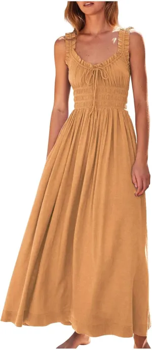 Women 2025 Summer Sleeveless Smocked Empire Waist Tank Dress Summer Beach Tiered Long Dresses French Milkmaid Sundress
