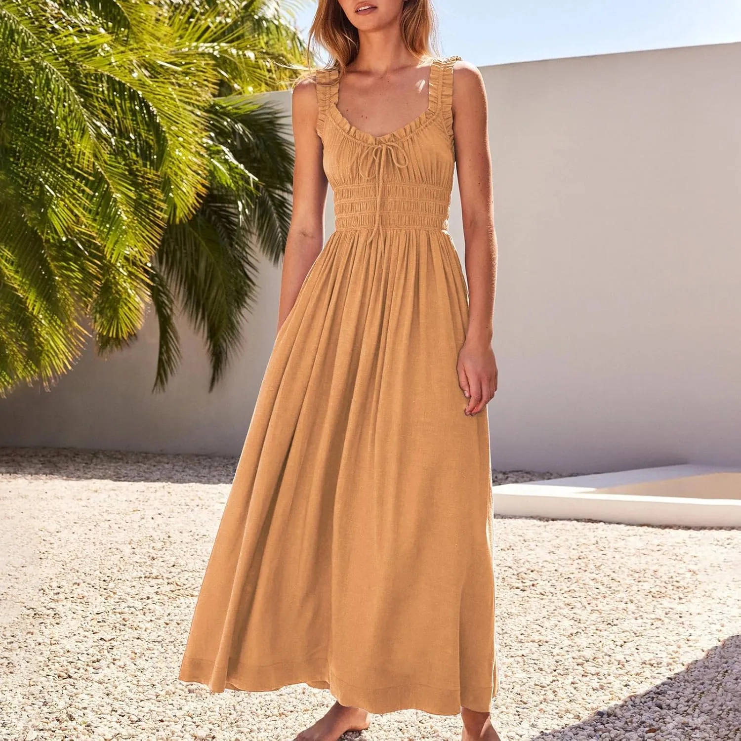Women 2025 Summer Sleeveless Smocked Empire Waist Tank Dress Summer Beach Tiered Long Dresses French Milkmaid Sundress
