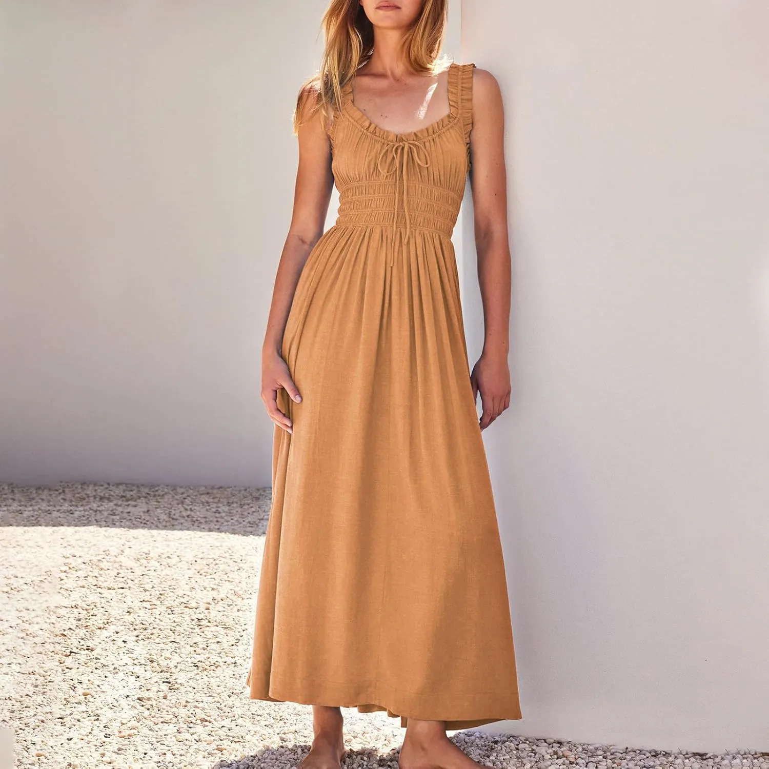 Women 2025 Summer Sleeveless Smocked Empire Waist Tank Dress Summer Beach Tiered Long Dresses French Milkmaid Sundress