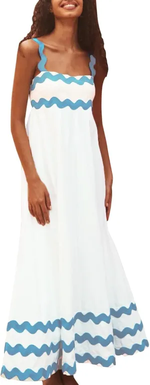 Women Boho Summer Dresses Vacation Spaghetti Strap Backless Trim Tiered A-Line Long Sundress Wedding Guest Dresses