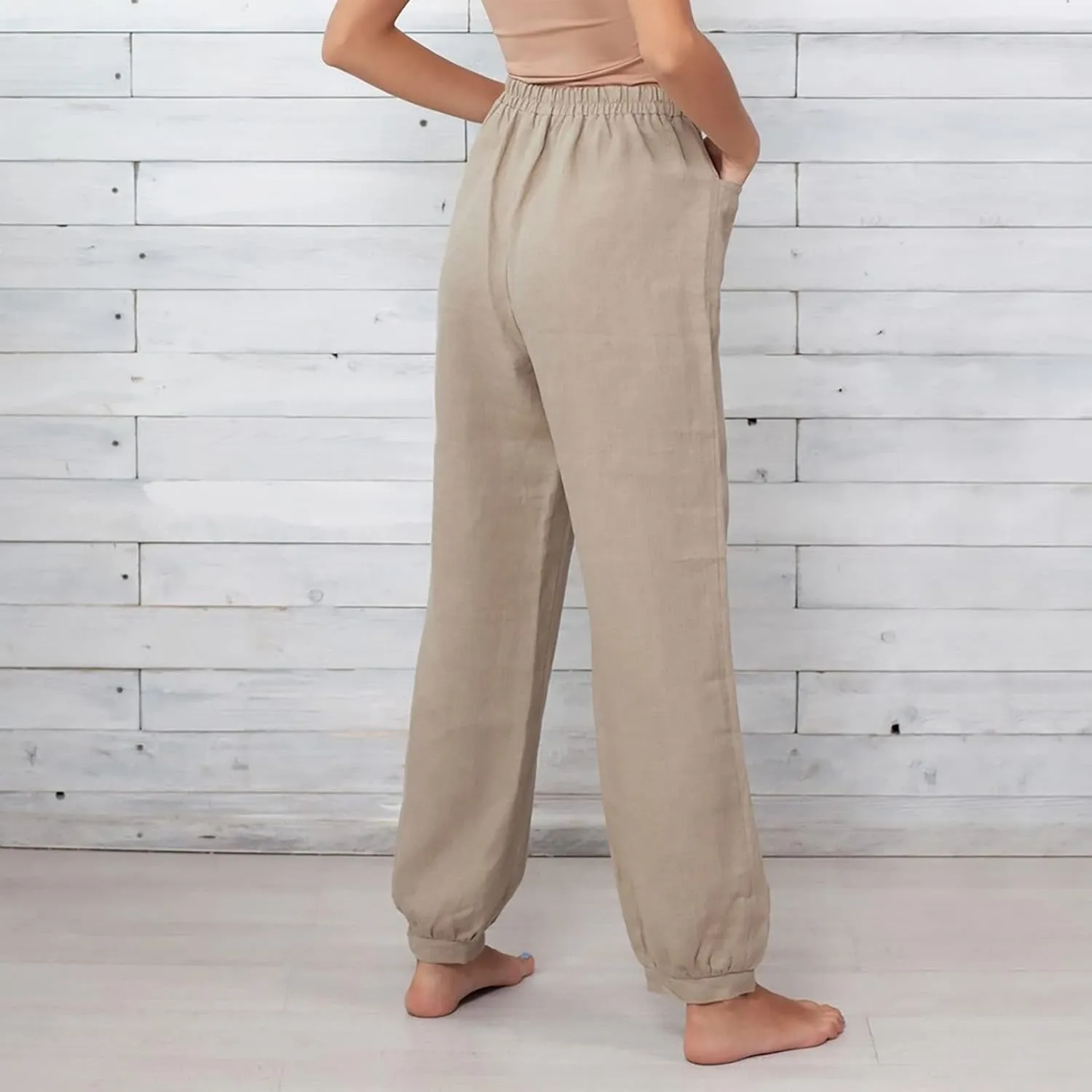 Women Cotton Linen Pants Elastic Waist Straight Wide Leg Pants Summer Casual Vacation Long Trousers with Pockets 2025