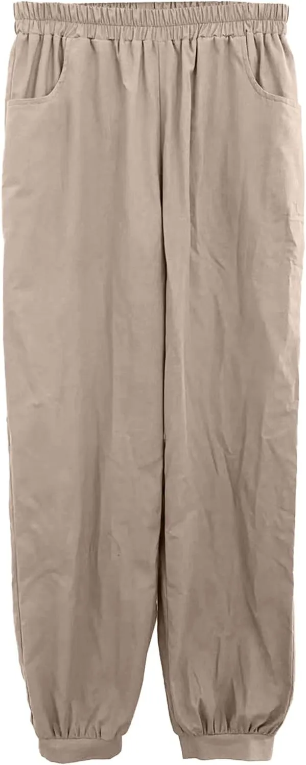 Women Cotton Linen Pants Elastic Waist Straight Wide Leg Pants Summer Casual Vacation Long Trousers with Pockets 2025
