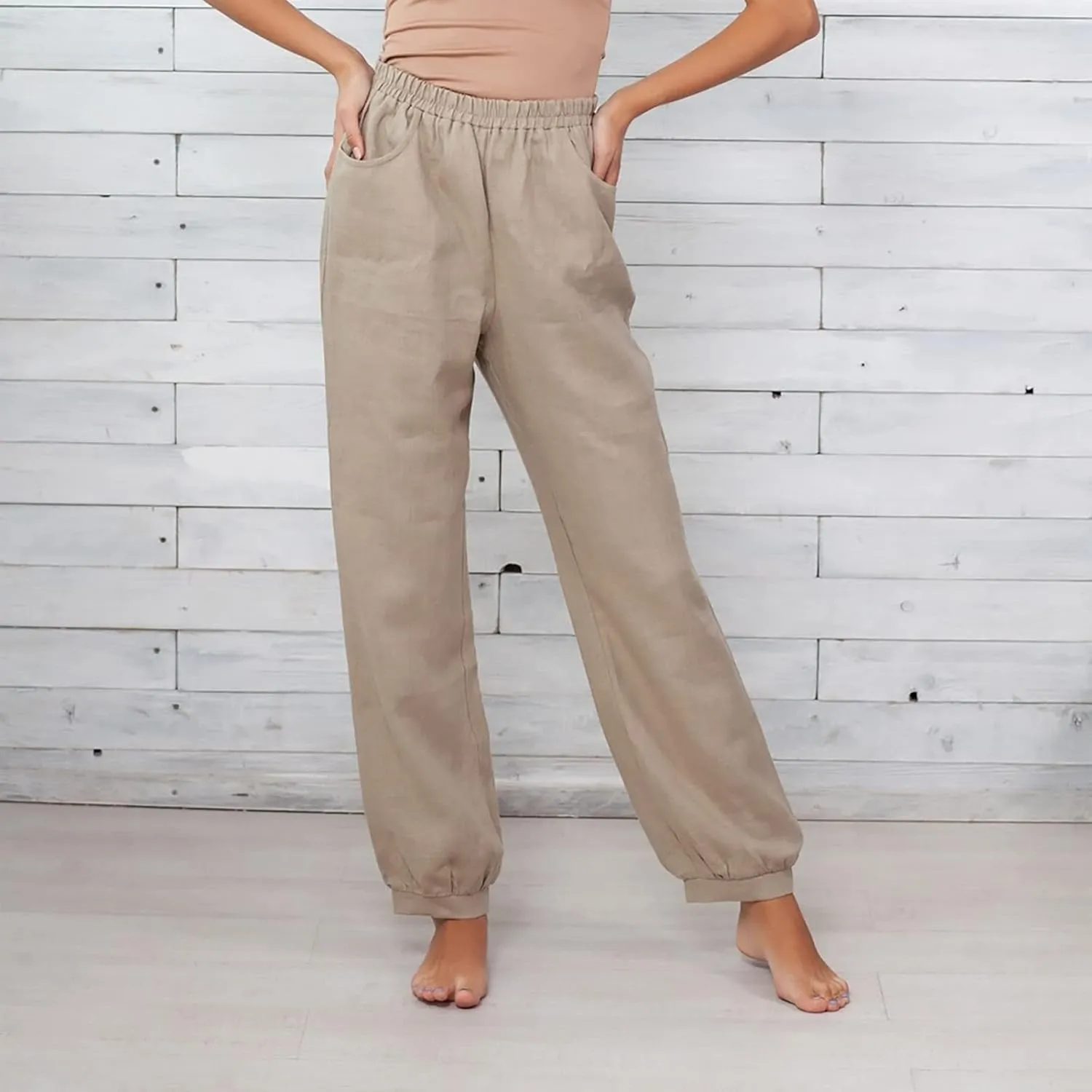 Women Cotton Linen Pants Elastic Waist Straight Wide Leg Pants Summer Casual Vacation Long Trousers with Pockets 2025