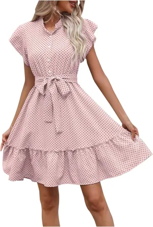 Women Cute Polka Dots Swing Dress Casual Cap Sleeve Button Mock Neck Mini Dress Belted Ruffle Hem Party A-Line Dress