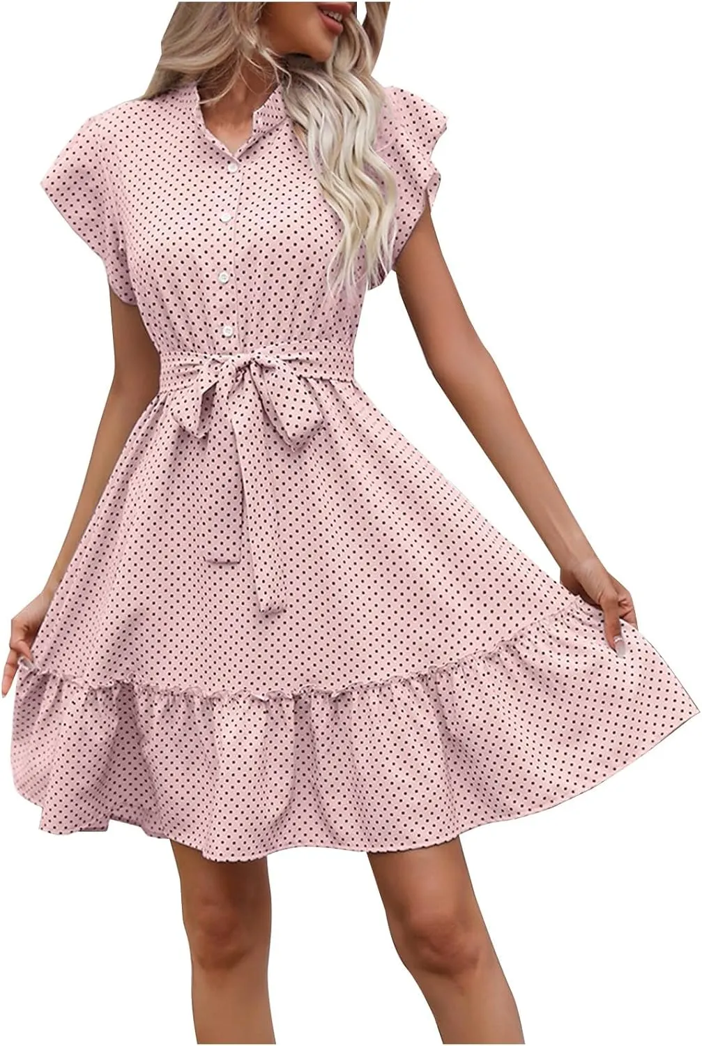 Women Cute Polka Dots Swing Dress Casual Cap Sleeve Button Mock Neck Mini Dress Belted Ruffle Hem Party A-Line Dress