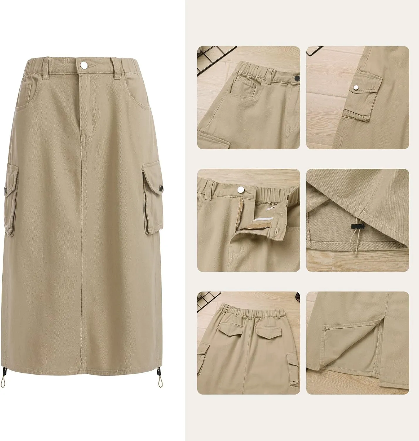 Women Denim Cargo Long Skirts High Waisted Pencil Skirt Midi Length Jean Skirt with Cargo Pockets