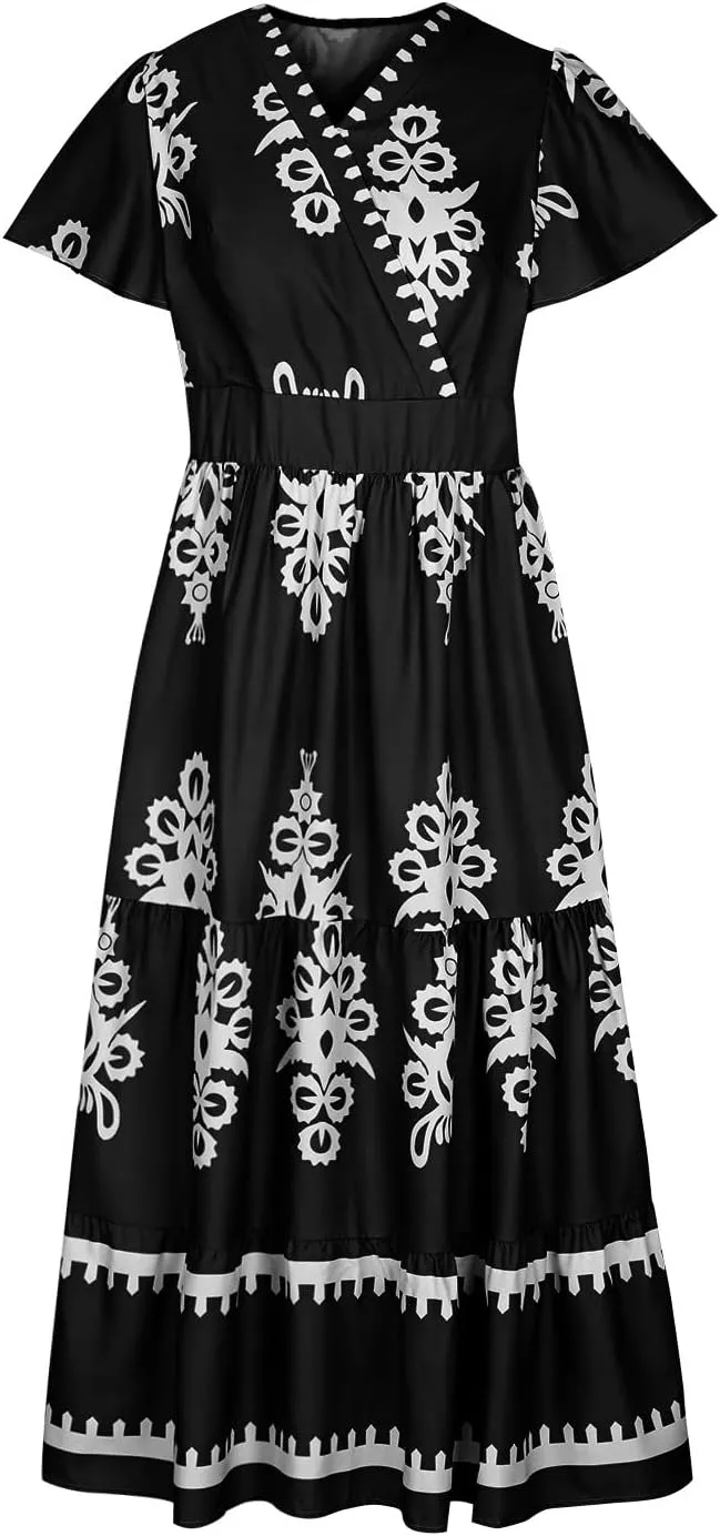 Women Ethnic Floral Maxi Dress Summer Short Sleeve V Neck Flowy Aline Dress Retro Tiered Ruffle Dresses with Pockets