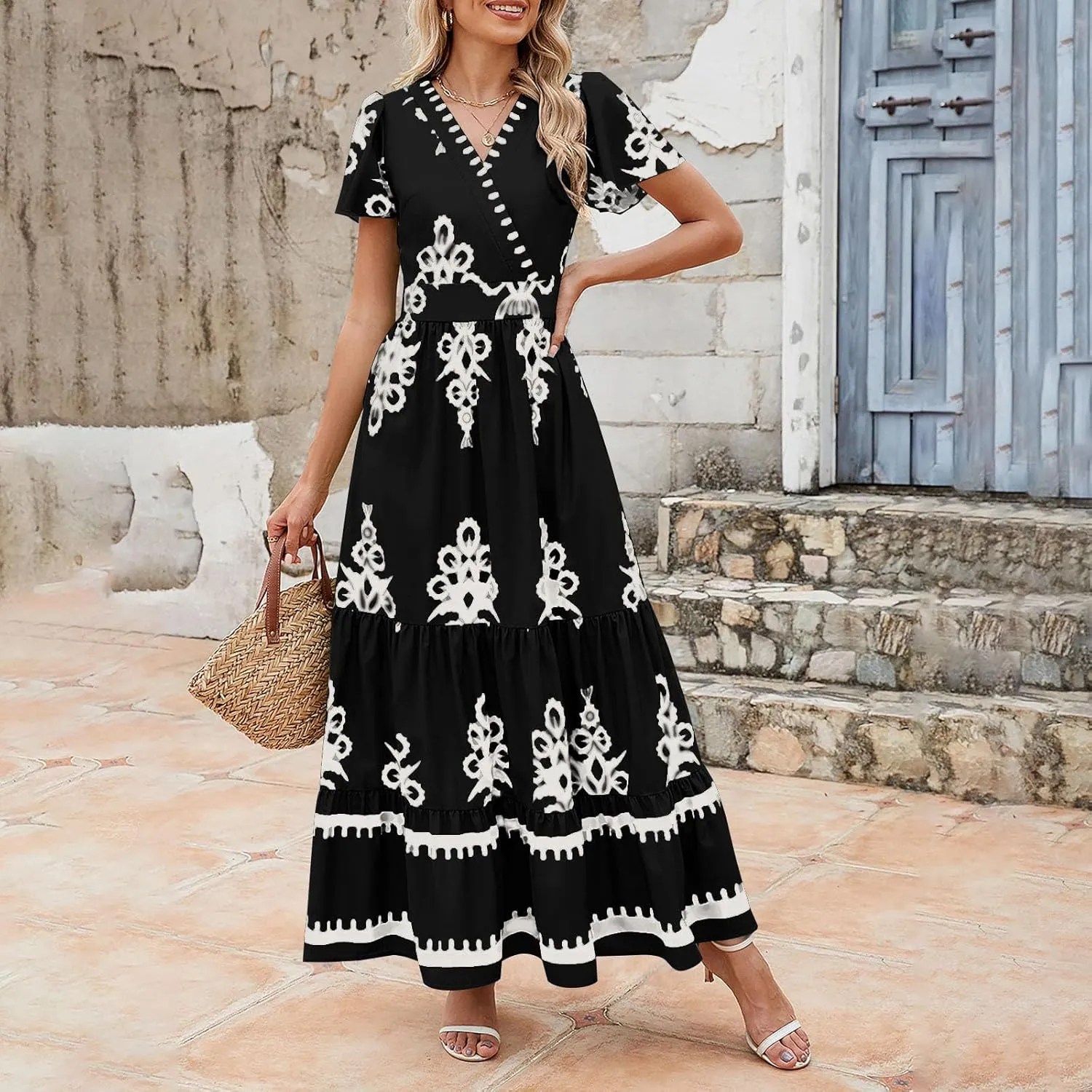 Women Ethnic Floral Maxi Dress Summer Short Sleeve V Neck Flowy Aline Dress Retro Tiered Ruffle Dresses with Pockets