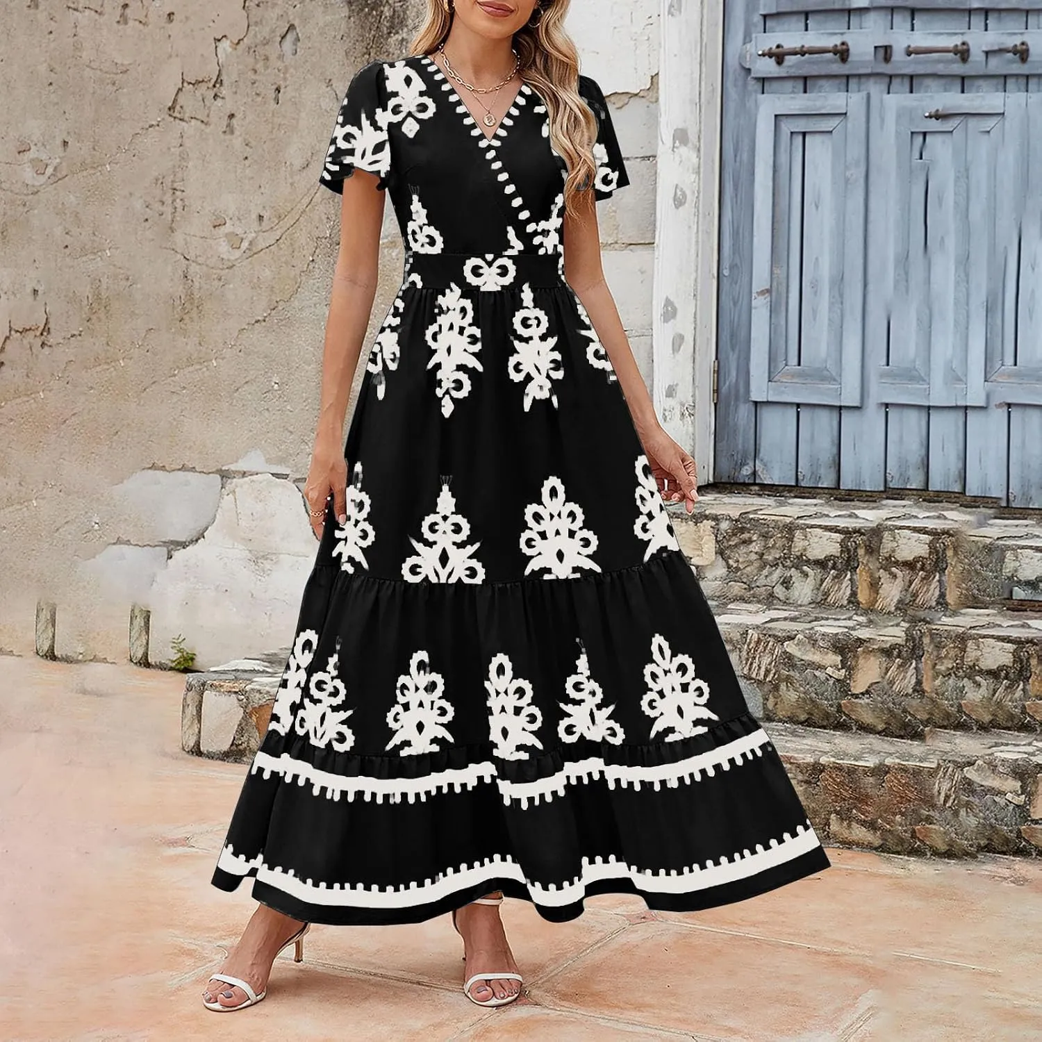 Women Ethnic Floral Maxi Dress Summer Short Sleeve V Neck Flowy Aline Dress Retro Tiered Ruffle Dresses with Pockets