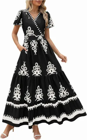 Women Ethnic Floral Maxi Dress Summer Short Sleeve V Neck Flowy Aline Dress Retro Tiered Ruffle Dresses with Pockets