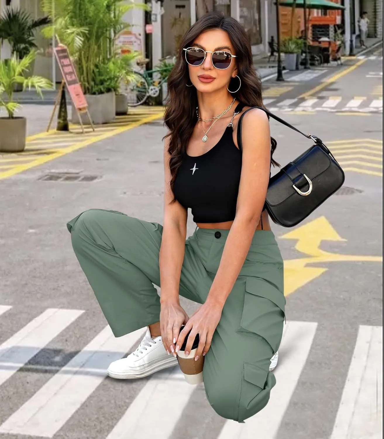Women High Waisted Cargo Pants Y2K Trousers Wide Leg Casual Pants with 8 Pockets