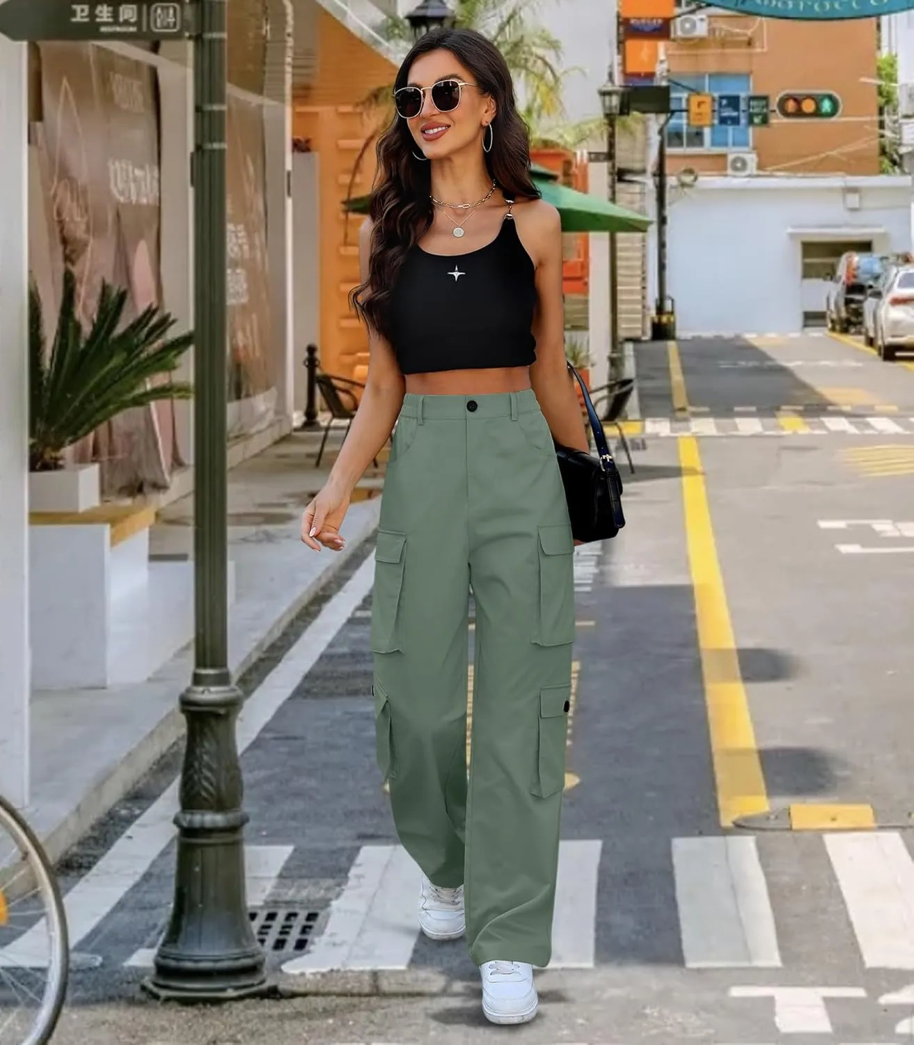 Women High Waisted Cargo Pants Y2K Trousers Wide Leg Casual Pants with 8 Pockets