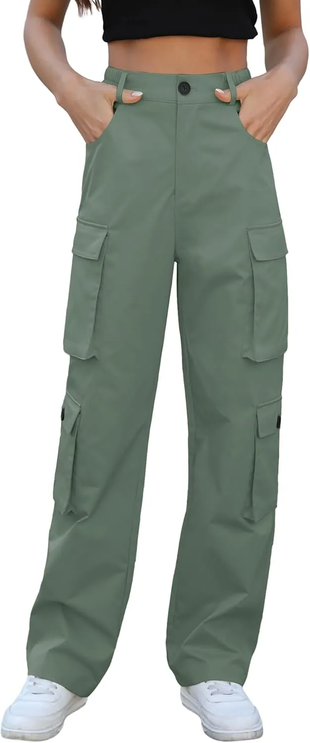 Women High Waisted Cargo Pants Y2K Trousers Wide Leg Casual Pants with 8 Pockets