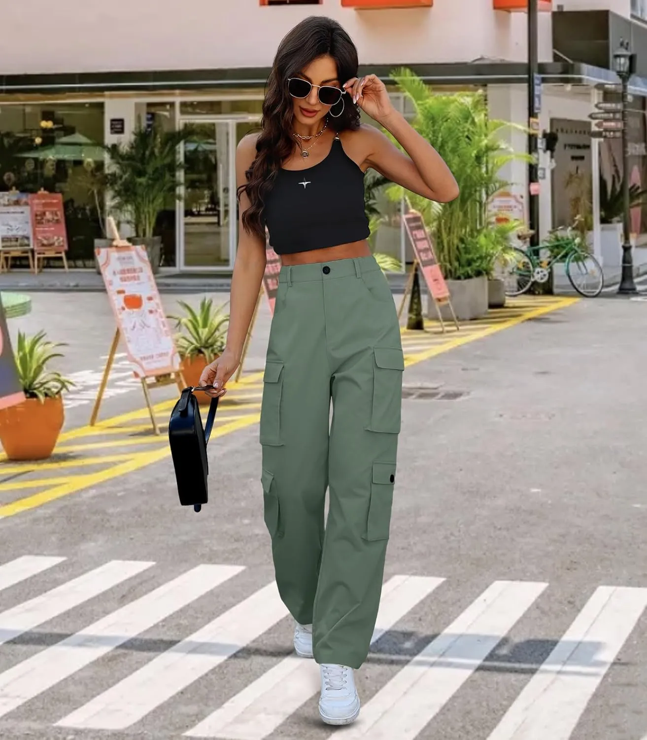 Women High Waisted Cargo Pants Y2K Trousers Wide Leg Casual Pants with 8 Pockets