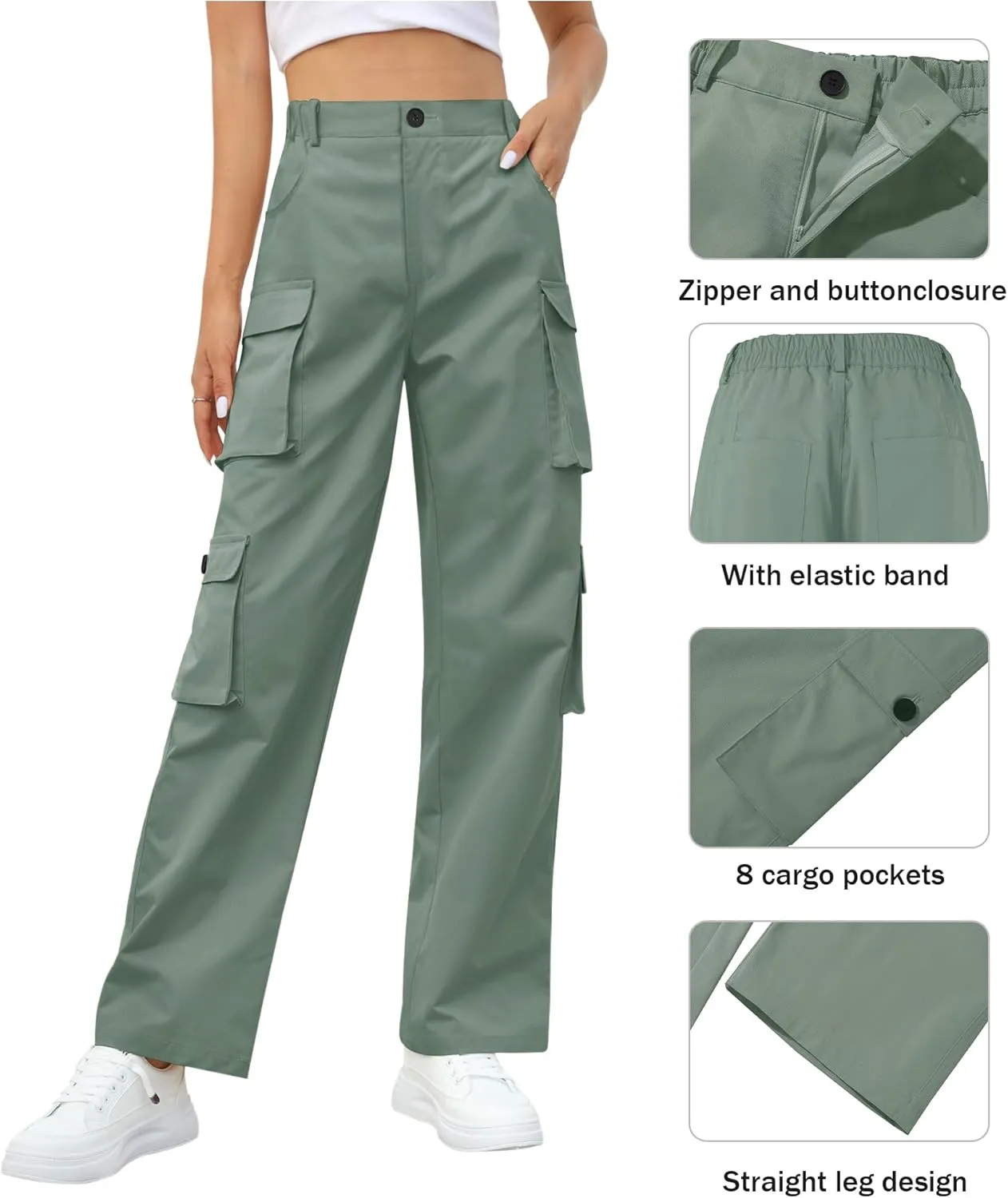 Women High Waisted Cargo Pants Y2K Trousers Wide Leg Casual Pants with 8 Pockets