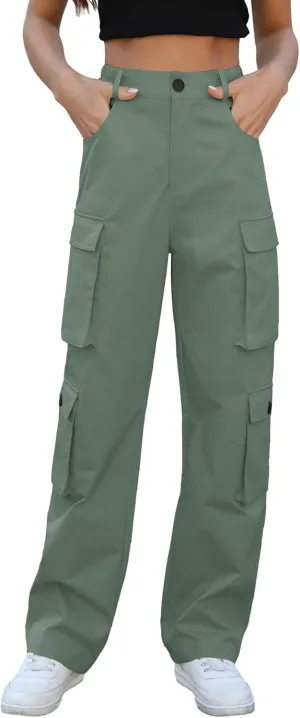 Women High Waisted Cargo Pants Y2K Trousers Wide Leg Casual Pants with 8 Pockets