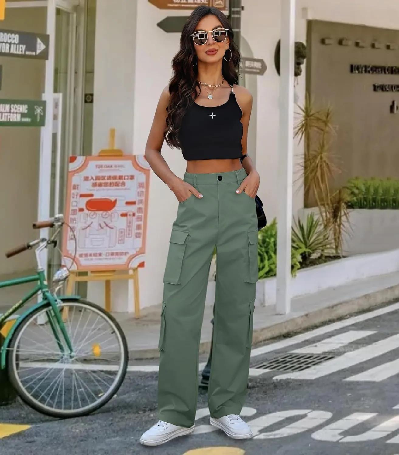 Women High Waisted Cargo Pants Y2K Trousers Wide Leg Casual Pants with 8 Pockets