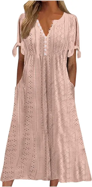 Women Hollow Eyelet Midi Dress Summer Fashion Tie Knot Short Sleeve Shirt Dresses Casual Button V Neck A-Line Dress