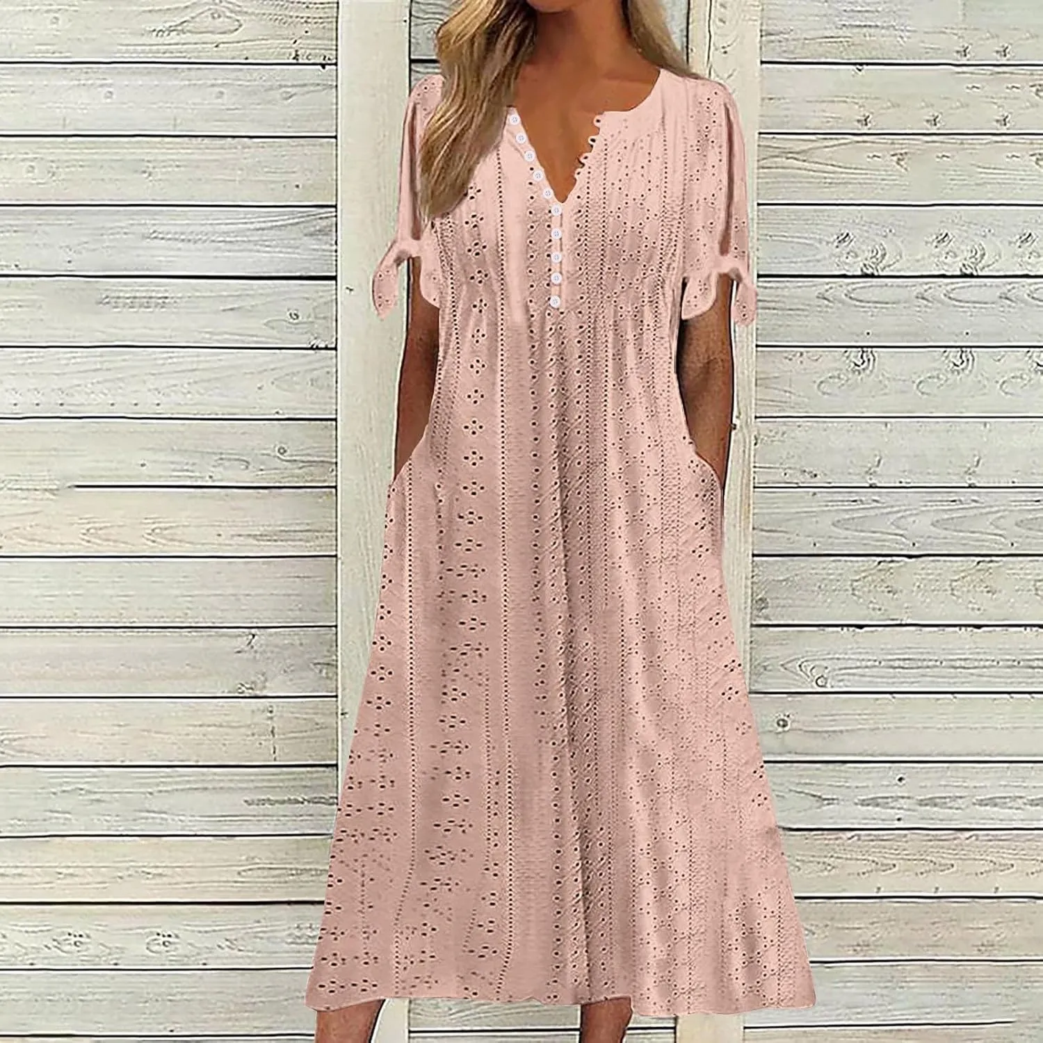 Women Hollow Eyelet Midi Dress Summer Fashion Tie Knot Short Sleeve Shirt Dresses Casual Button V Neck A-Line Dress