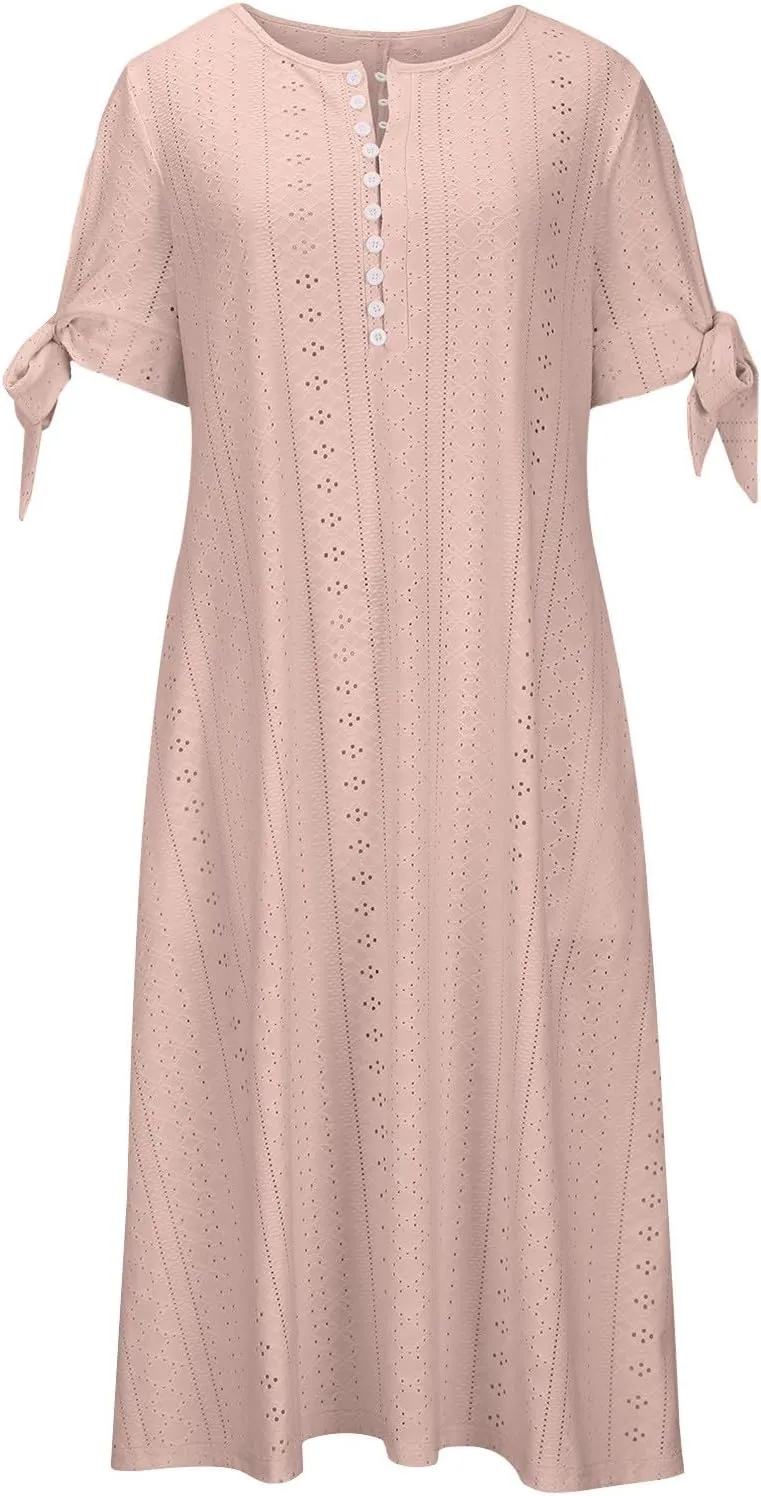 Women Hollow Eyelet Midi Dress Summer Fashion Tie Knot Short Sleeve Shirt Dresses Casual Button V Neck A-Line Dress