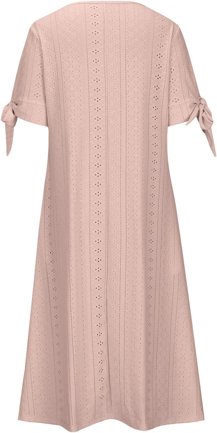 Women Hollow Eyelet Midi Dress Summer Fashion Tie Knot Short Sleeve Shirt Dresses Casual Button V Neck A-Line Dress