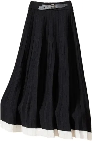 Women Knitted Long Skirt Autumn Winter Fashion Belt Contrast Hem A Line High Waist Pleated Midi Skirt