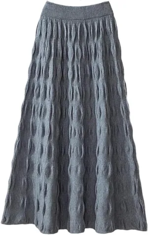 Women Knitted Long Skirt Autumn Winter Korean Folds A Line High Waist Pleated Midi Skirt