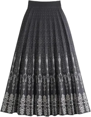 Women Knitted Mid-Length Skirt Autumn Winter Vintage Print A Line High Waist Pleated Midi Long Skirt
