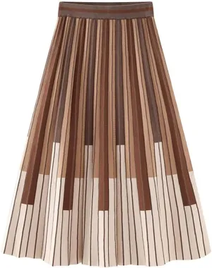Women Knitted Winter Skirt Autumn Vintage Contrast Striped A Line High Waist Pleated Midi Skirt