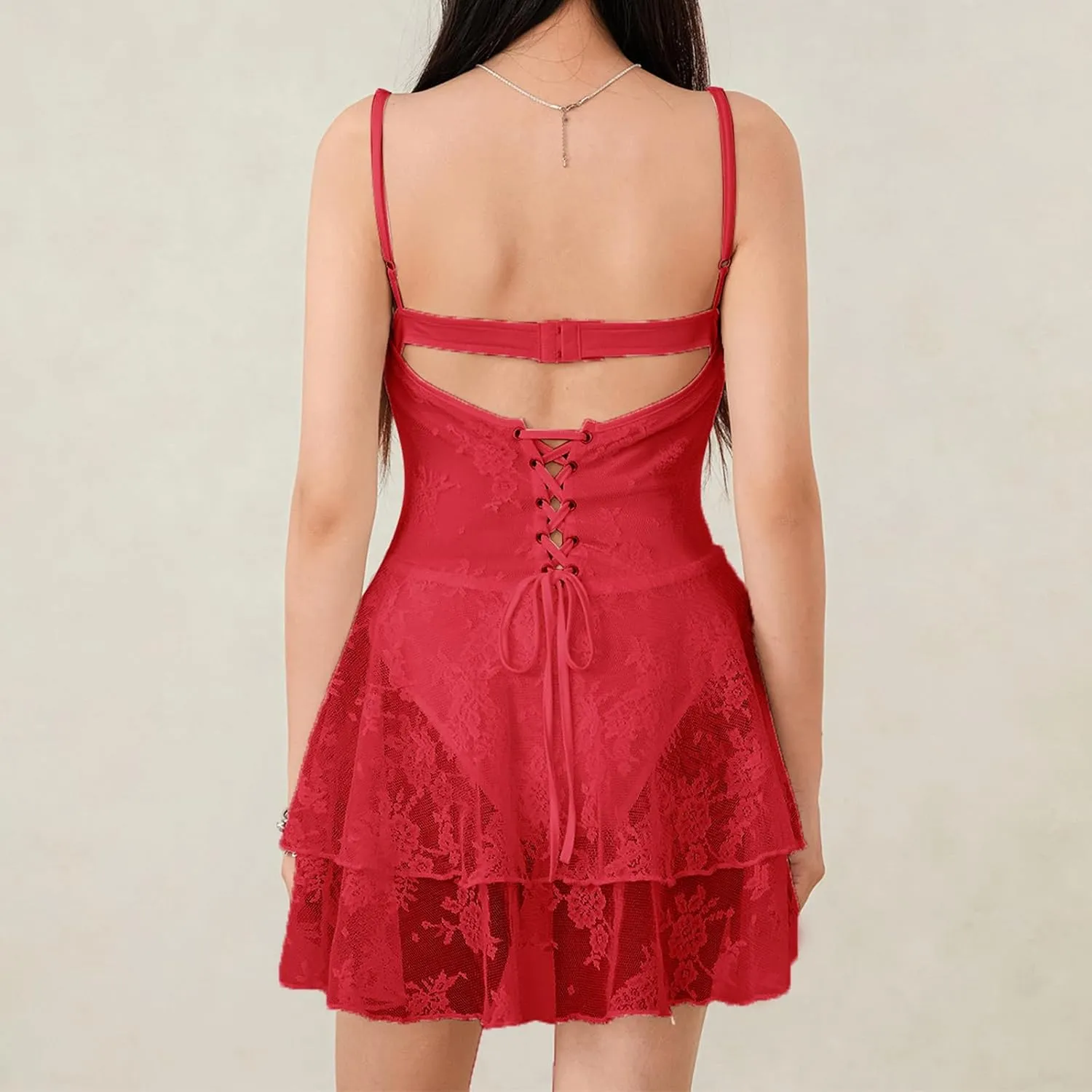 Women Lace Corset Mini Dress Sexy Spaghetti Strap Tiered Ruffle Short Bodycon Dresses Floral Lace Bustier Cami Dress