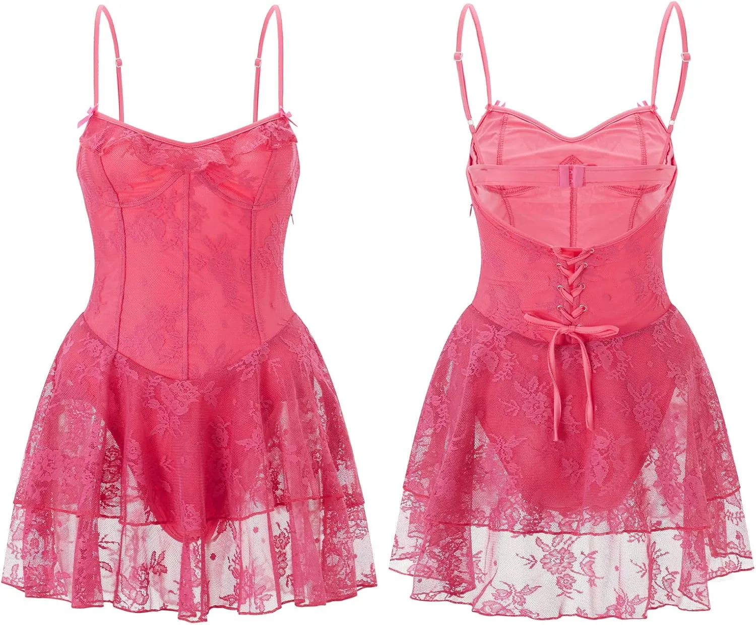 Women Lace Corset Mini Dress Sexy Spaghetti Strap Tiered Ruffle Short Bodycon Dresses Floral Lace Bustier Cami Dress