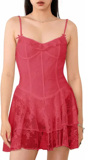 Women Lace Corset Mini Dress Sexy Spaghetti Strap Tiered Ruffle Short Bodycon Dresses Floral Lace Bustier Cami Dress