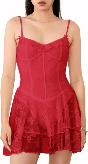 Women Lace Corset Mini Dress Sexy Spaghetti Strap Tiered Ruffle Short Bodycon Dresses Floral Lace Bustier Cami Dress
