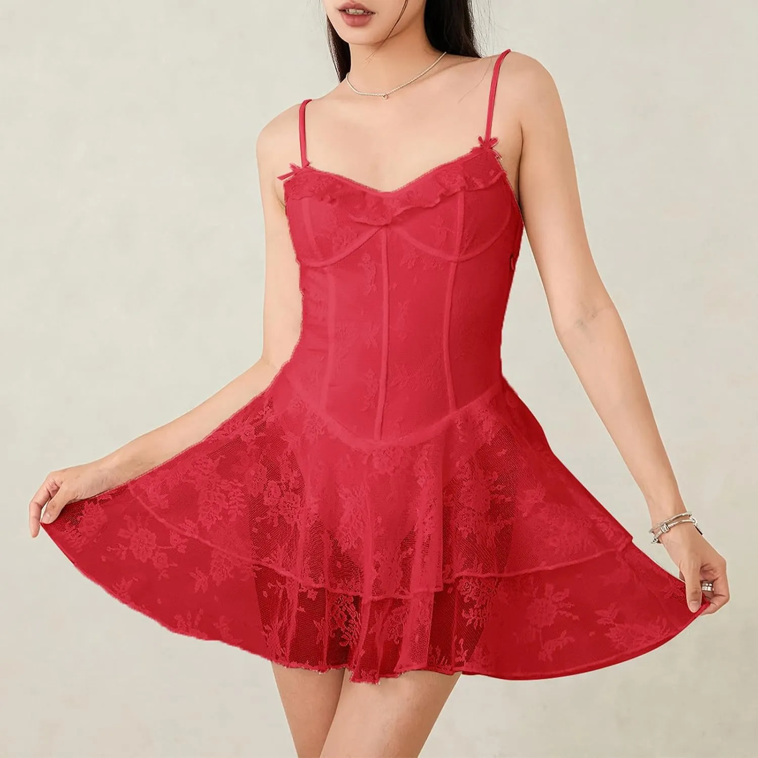Women Lace Corset Mini Dress Sexy Spaghetti Strap Tiered Ruffle Short Bodycon Dresses Floral Lace Bustier Cami Dress