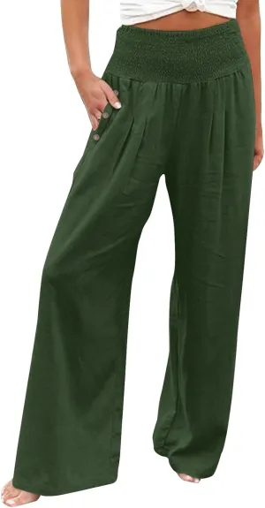 Women Linen Palazzo Pants Wide Leg High Waist Lounge Spring Casual Boho Trousers Travel Vacation Outfit with Pocket
