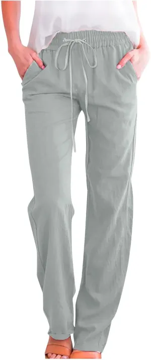 Women Linen Pants 2025 Casual Drawstring High Waisted Summer Pants Baggy Straight Leg Lounge Long Trousers with Pockets