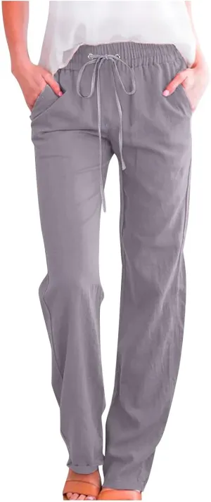 Women Linen Pants 2025 Casual Drawstring High Waisted Summer Pants Baggy Straight Leg Lounge Long Trousers with Pockets