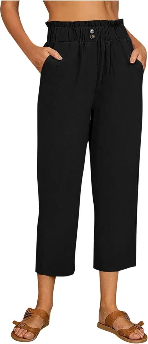 Women Linen Summer Floral Pants Low Waist Stretchy Plus Size Palazzo Lounge Pants Travel