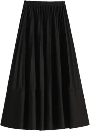 Women Mid-Length Pleated Skirt Autumn All-Match Solid A Line High Waist Midi Long Skirt