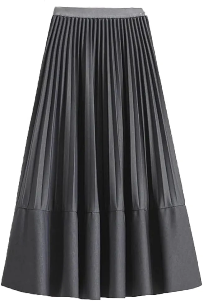 Women Mid-Length Pleated Skirt Autumn All-Match Solid A Line High Waist Midi Long Skirt