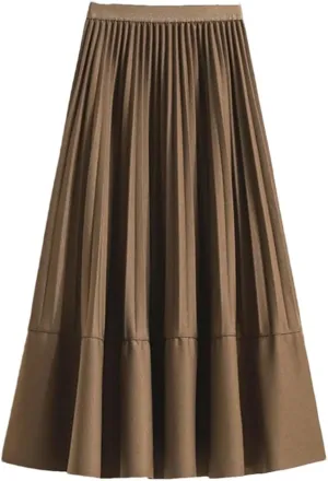 Women Mid-Length Pleated Skirt Autumn All-Match Solid A Line High Waist Midi Long Skirt