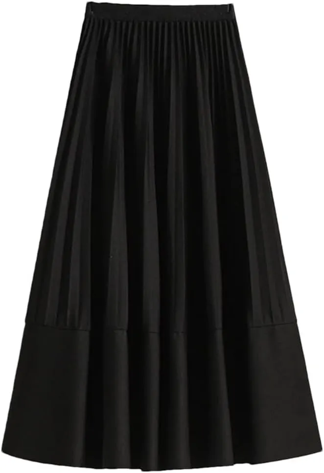 Women Mid-Length Pleated Skirt Autumn All-Match Solid A Line High Waist Midi Long Skirt