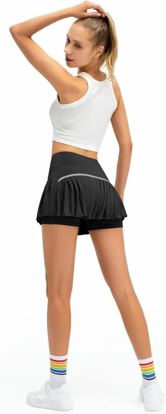 Women Pleated Tennis Skirt High Waisted Golf Athletic Skort Mini Skirts with Shorts Pockets Workout Running Apparel