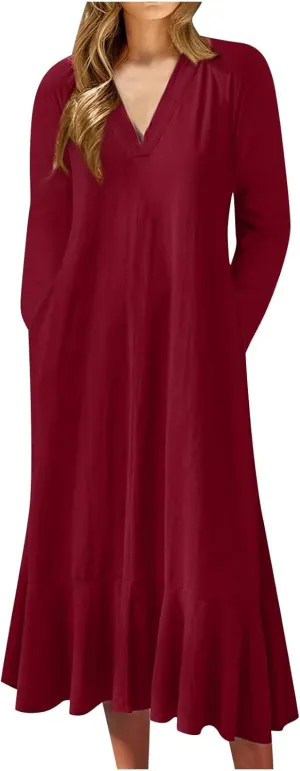 Women Ruffle Hem Kaftan Dress Long Sleeve V Neck Flowy Midi Dress Plus Size Fashion Bowtie Keyhole Back A-Line Dress