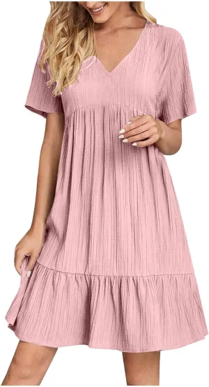 Women Ruffle Tiered Layered Flowy A Line Dresses Short Sleeve V Neck Summer Dress Holiday Casual Beach Sundress