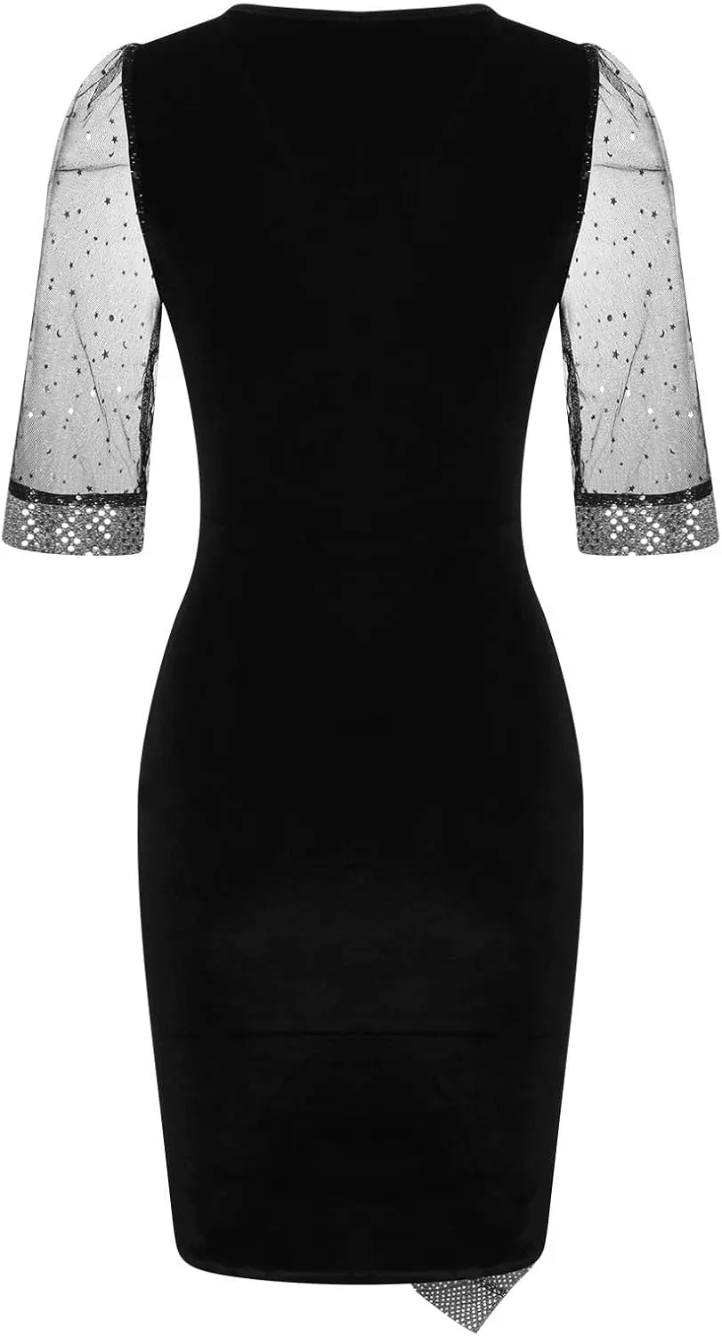 Women Sequin Mesh See Through 3/4 Sleeve Pencil Evening Dress Plus Size Wrap Glitter Velvet Patchwork Cocktail Gowns