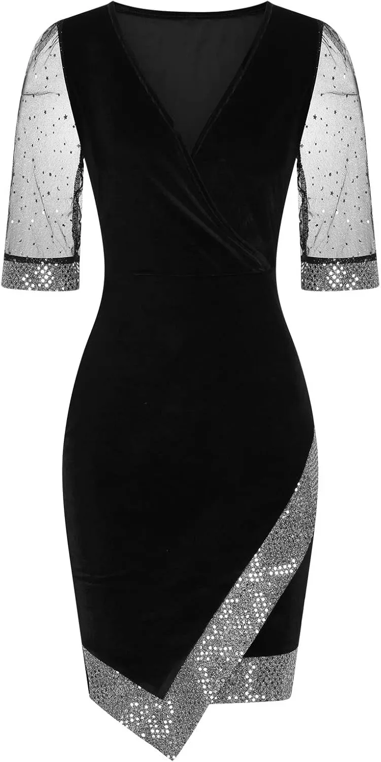 Women Sequin Mesh See Through 3/4 Sleeve Pencil Evening Dress Plus Size Wrap Glitter Velvet Patchwork Cocktail Gowns