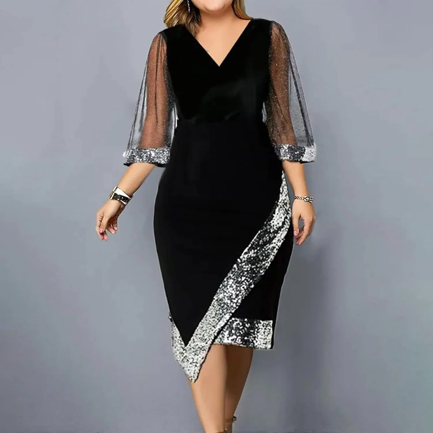 Women Sequin Mesh See Through 3/4 Sleeve Pencil Evening Dress Plus Size Wrap Glitter Velvet Patchwork Cocktail Gowns